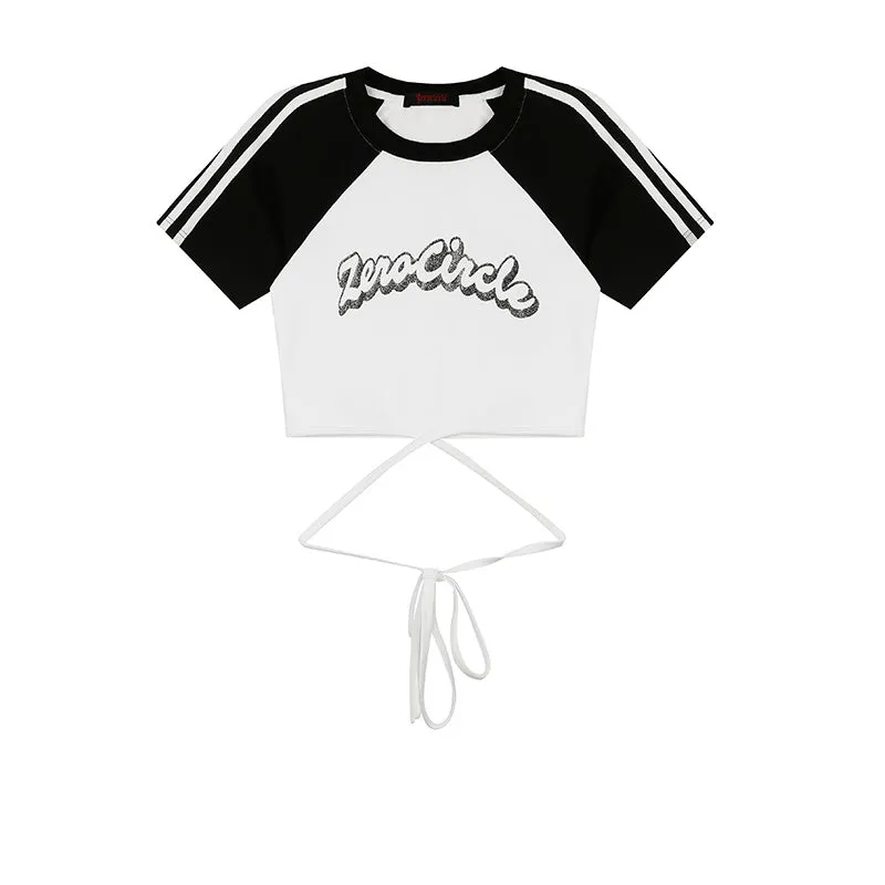Zerocircle Contrast Color Short Sleeve Lace Tie Cropped Top