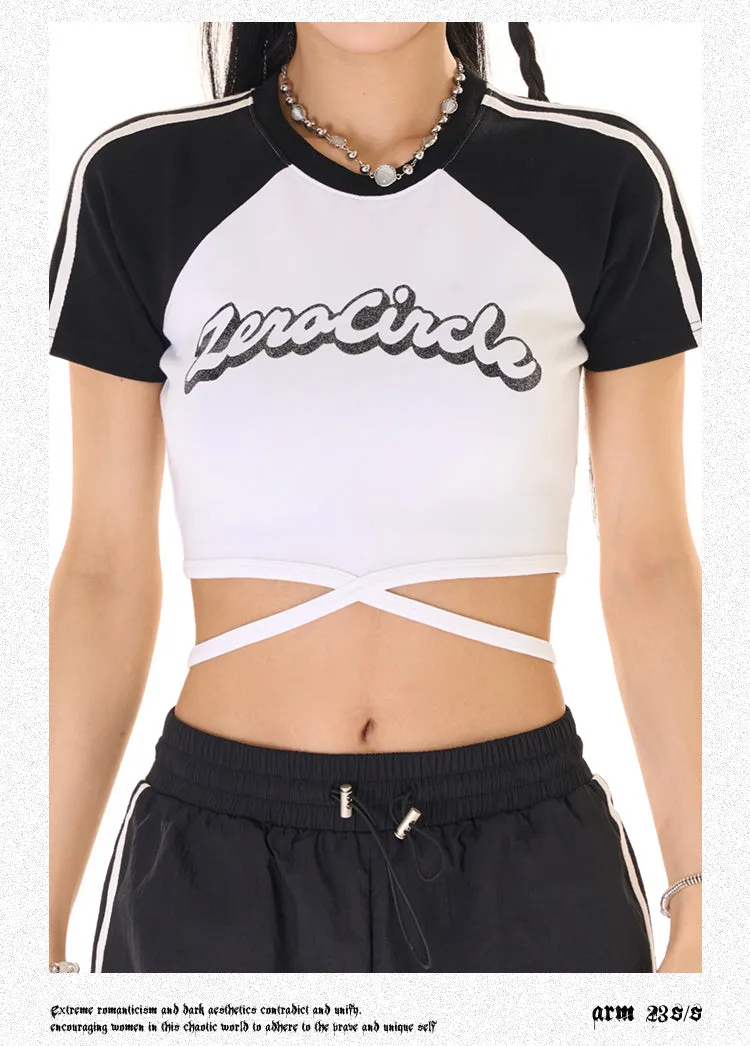 Zerocircle Contrast Color Short Sleeve Lace Tie Cropped Top