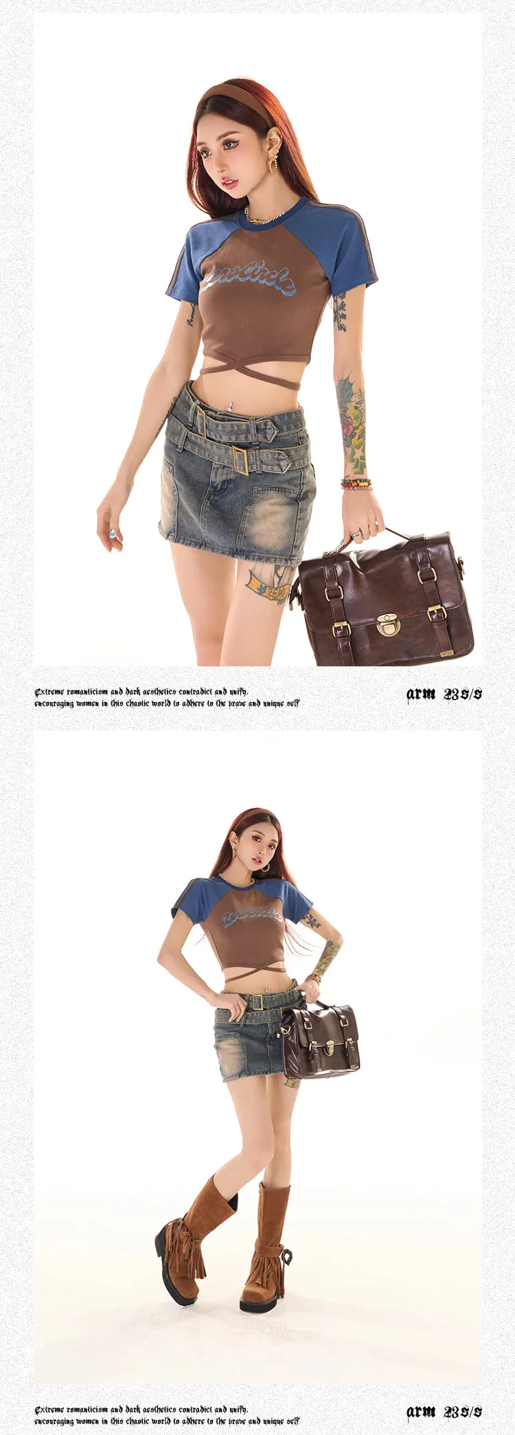 Zerocircle Contrast Color Short Sleeve Lace Tie Cropped Top