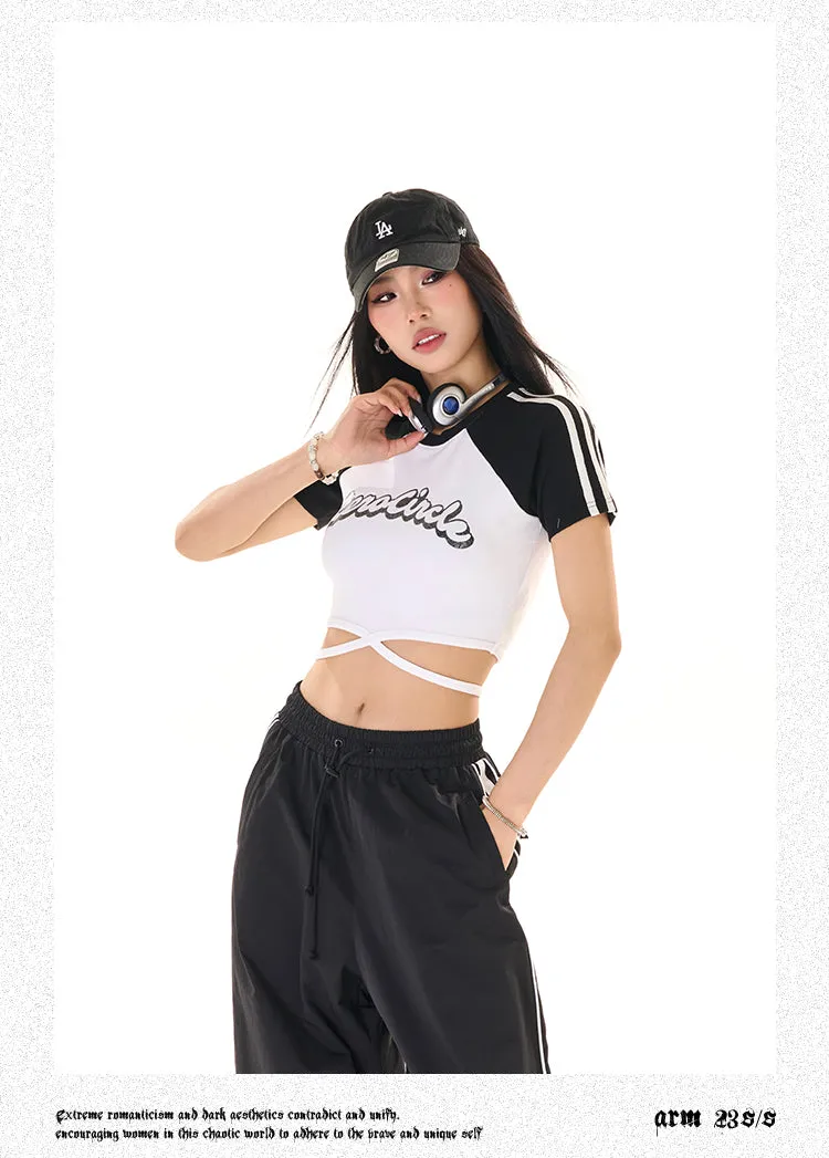 Zerocircle Contrast Color Short Sleeve Lace Tie Cropped Top